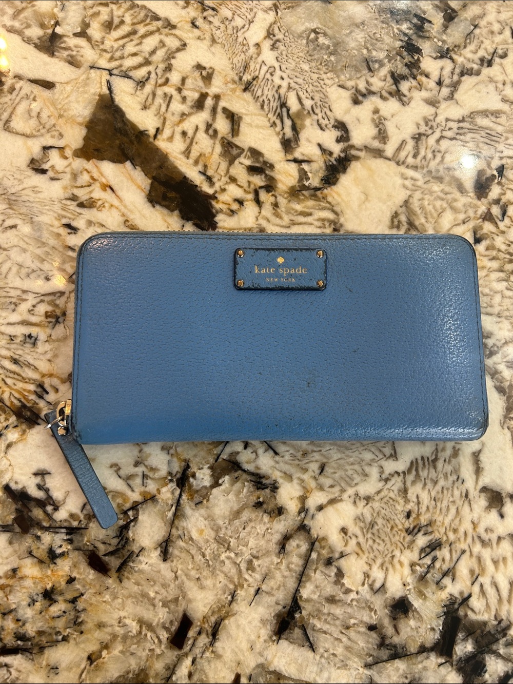 kate spade Blue Zip-Around Leather Wallet with Gold Logo Plate